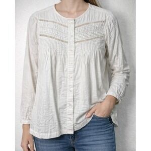 Madewell Embroidered Pintuck Blouse White 3/4 Sleeve Button Up Sz S, 100% cotton